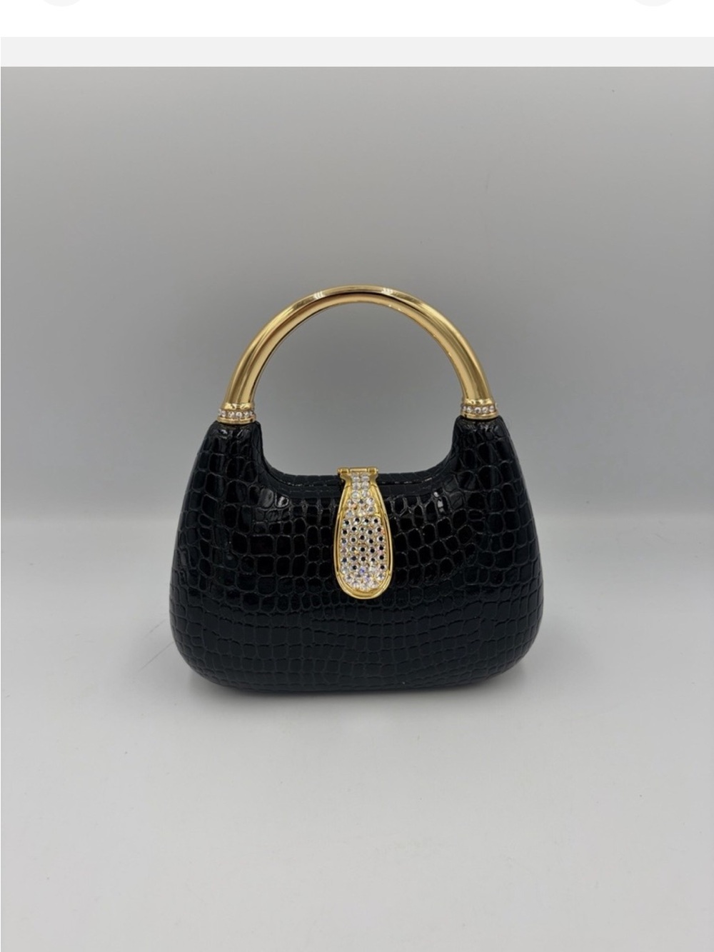 Mini Black Croc-Effect Top Handle Bag with Gold Accents